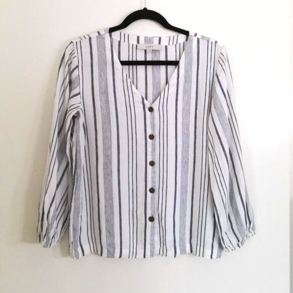 NWOT LOFT Linen Blend V Neck Stripe Blouse Size S